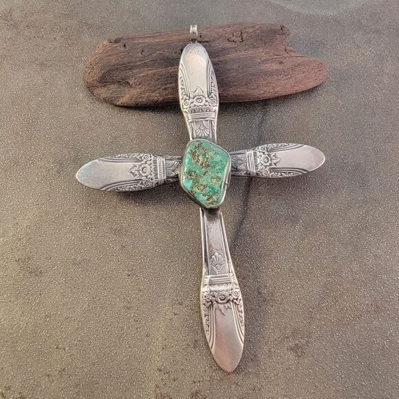 Huge Vintage Sterling Turquoise Antique Silverware Cross Pendant - Picture 5 of 10